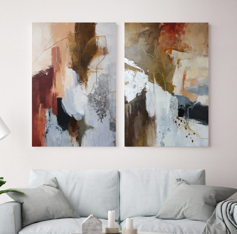 Rust abstract  | Brown Gray Abstract Set of 2 Paintings | Impression Set - 壁貼/牆壁裝飾 - 棉．麻 咖啡色