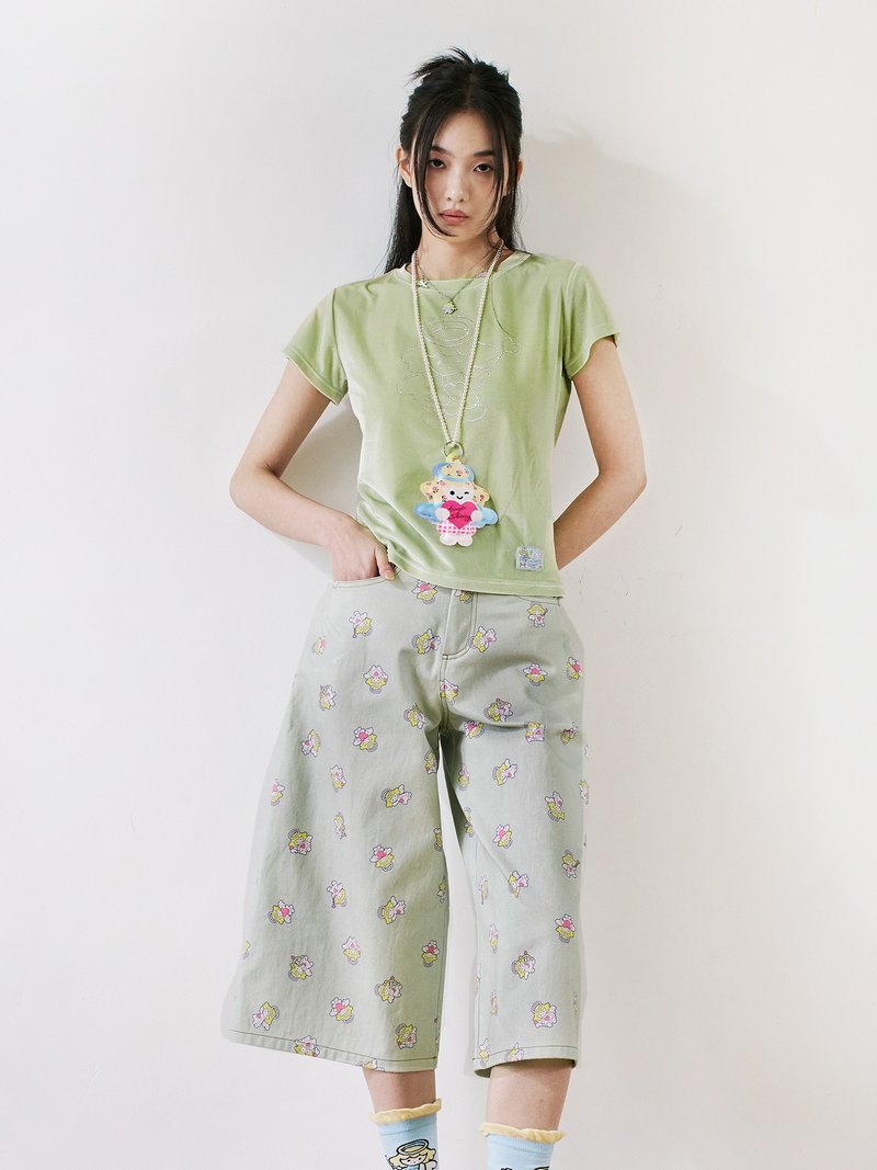 淡綠色絲絨小天使燙鑽T恤短袖 - 女上衣/長袖上衣 - 其他材質 多色