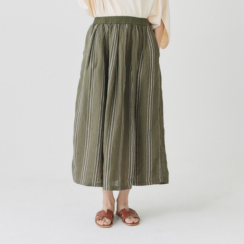 【Simply Yours】棉麻條紋半裙 綠F - 裙子/長裙 - 棉．麻 綠色