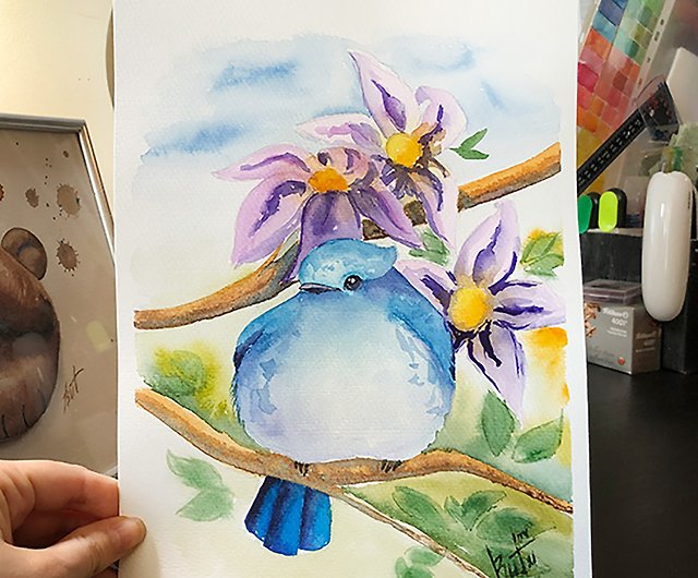 Buy Watercolor Print and Greeting Card Blue Bird Cute Baby Bird