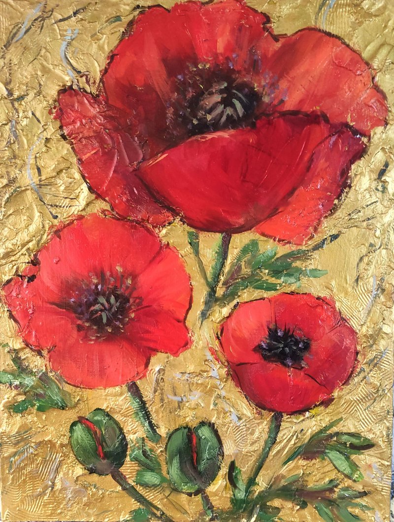 Poppy Art Floral Original Painting Impasto Oil Painting Flower Art OlivKan - โปสเตอร์ - วัสดุอื่นๆ สีแดง