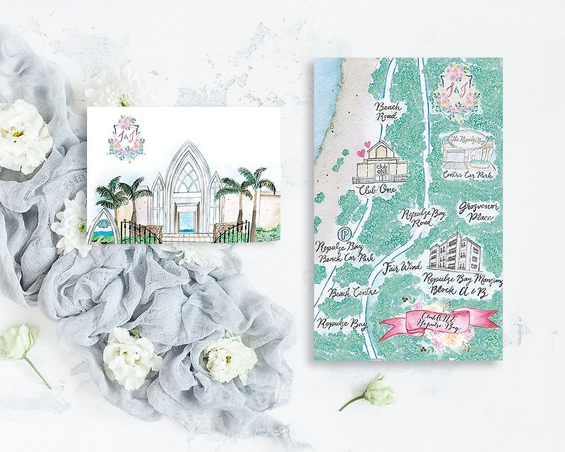 Custom hand-painted watercolor Western-style wedding map Wedding map map card computer file