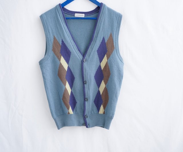 Grey Green Rhombus Vest Vintage Sweater Jacket Retro - Shop