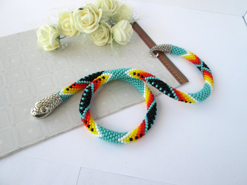Blue Snake necklace bracelet Ouroboros jewelry Serpent rope Beaded necklace Stat - 手鍊/手環 - 其他材質 藍色