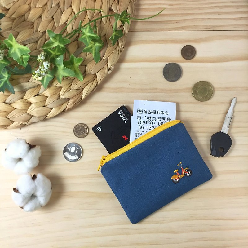 娜吉小物。台灣刺繡零錢包－自行車 - 散紙包 - 棉．麻 藍色