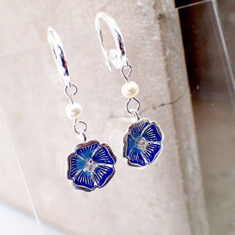 純銀 藍花 鋯石 925 防敏感 純銀珍珠耳環 - 耳環/耳夾 - 純銀 藍色