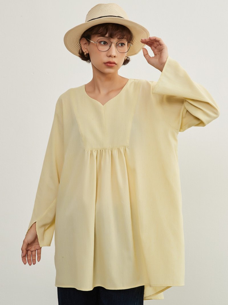 袖口スリット・長袖リネン混シャツ・ロングブラウス・体系カバーライトトップス - 女襯衫 - 棉．麻 黃色