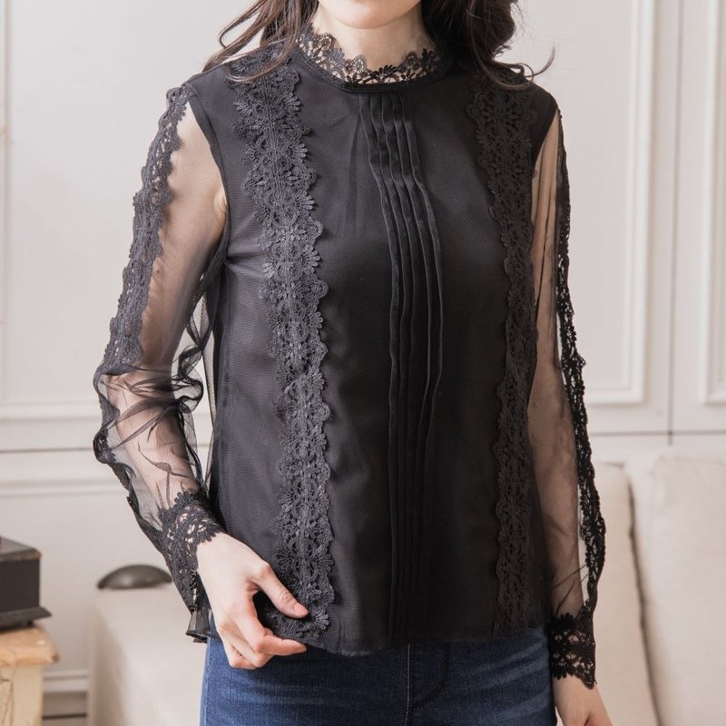 古典風拼接蕾絲紗上衣   黑 - 女上衣/長袖上衣 - 聚酯纖維 黑色