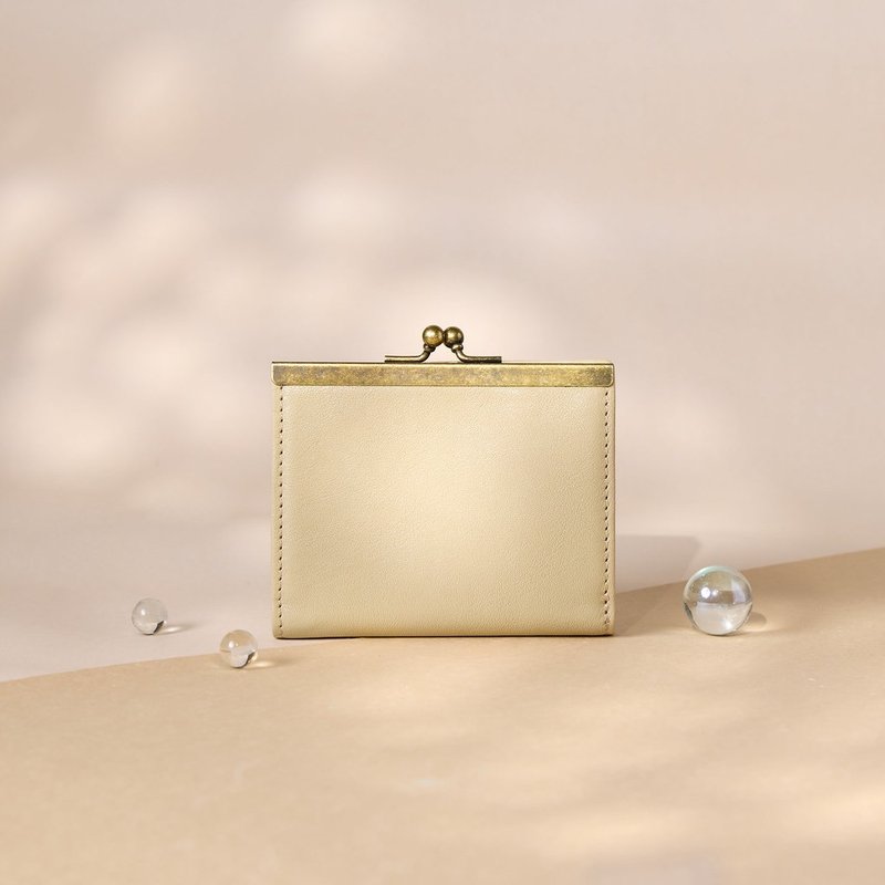 【聖誕禮盒】義大利精品山羊皮/手作皮件/口金短夾-杏仁黃 - 錢包/皮夾/長短夾 - 真皮 黃色