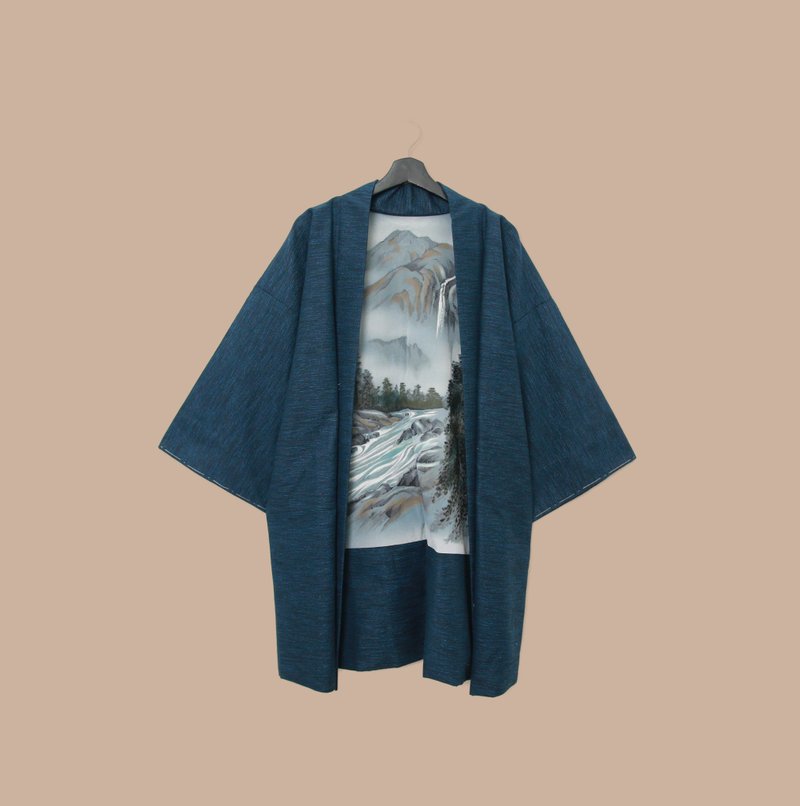 Back to Green-日本帶回羽織 水墨河川M-17/vintage kimono - 女大衣/外套 - 絲．絹 