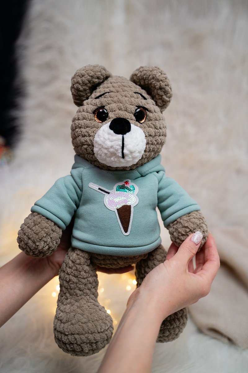 Crochet Teddy Bear Kids Toy / Handmade Stuffed Plush Bear Baby Toy Gift - ของเล่นเด็ก - วัสดุอื่นๆ สีเทา