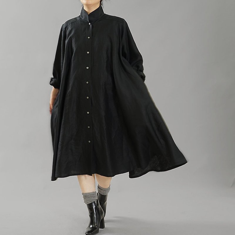 wafu - 純亞麻連身裙 Light Linen Shirt Flare dress / black a080a-bck1 - ชุดเดรส - ลินิน สีดำ