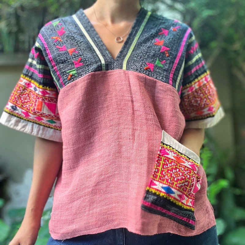 Pink Hmong Thai -  Batik and Hmong Decor Handwoven Top - Women's Tops - Cotton & Hemp Multicolor