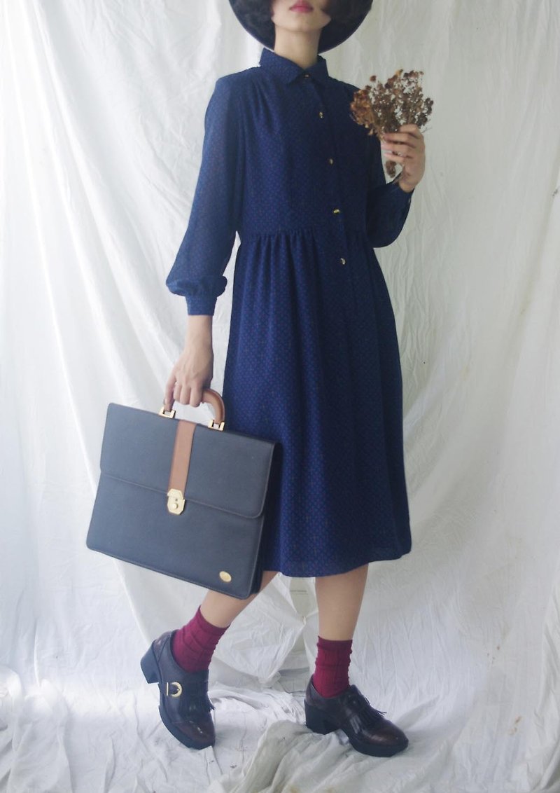 Treasure hunt vintage - dark blue color dot printing retro dress - ชุดเดรส - เส้นใยสังเคราะห์ สีน้ำเงิน