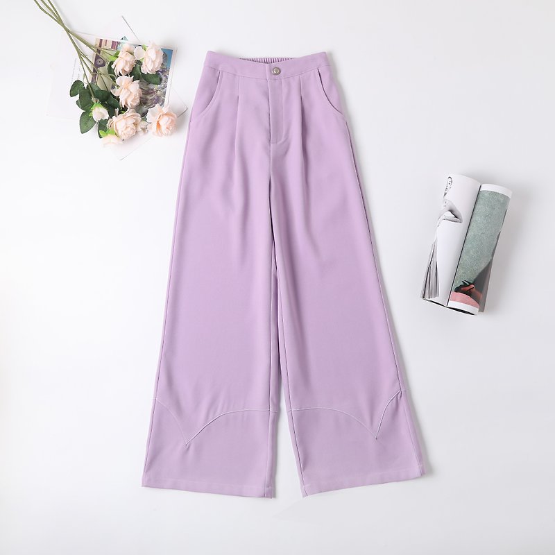 亮色拼接寬腿褲| 粉紫色| 微彈 - 闊腳褲/長褲 - 聚酯纖維 粉紅色