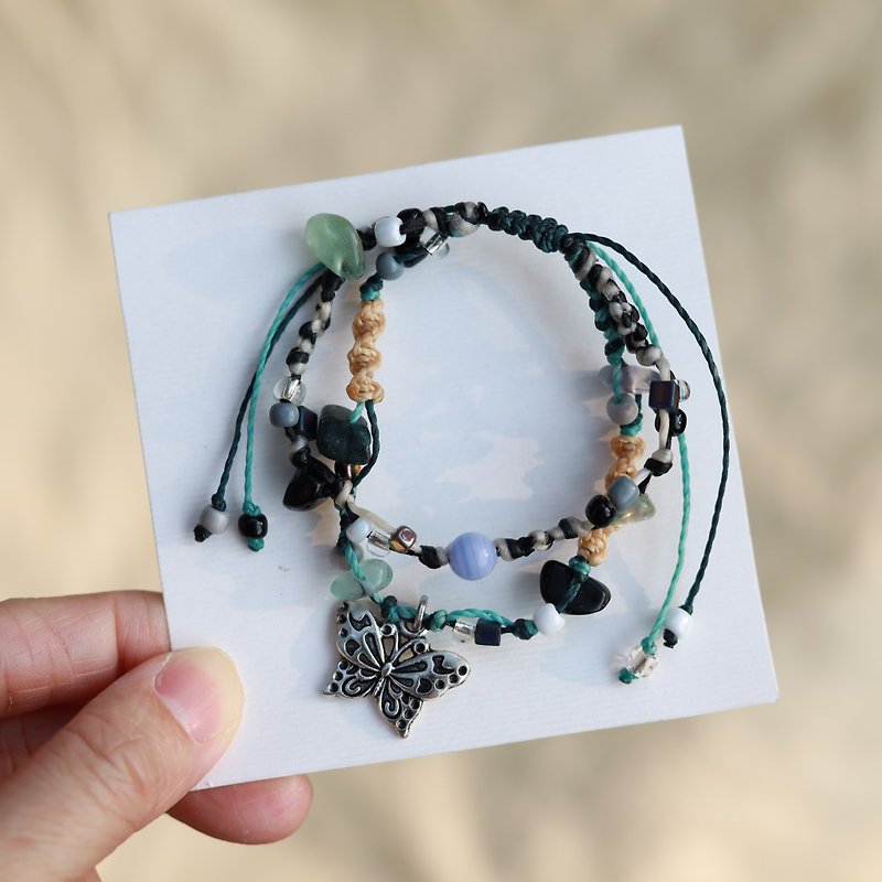 Butterfly charm natural stone woven waxed cord double layered bracelet - สร้อยข้อมือ - งานปัก สีเขียว