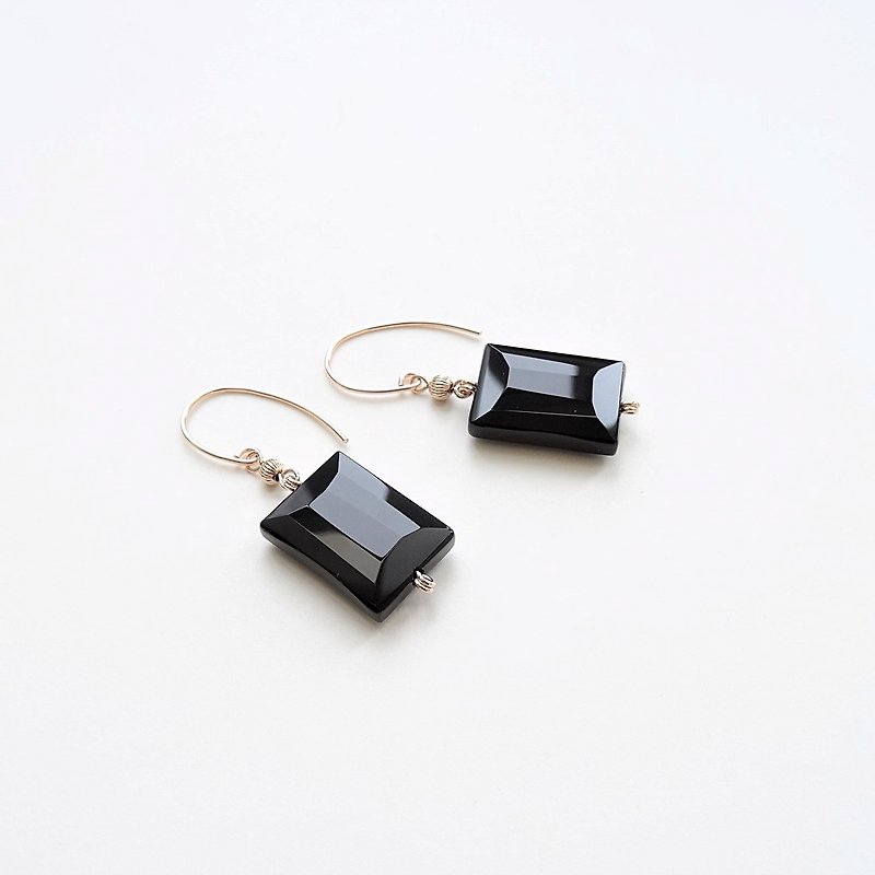 Art Deco Black Onyx Baguette Cut Rectangle 14Kgf Dangle Earrings - Earrings & Clip-ons - Semi-Precious Stones Black