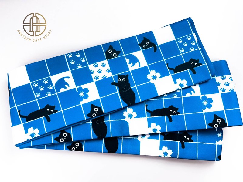 Blue Checkered Cat Hanhaba Belt, Half-Width Obi for Yukata/Komon Kimono - Belts - Polyester Blue