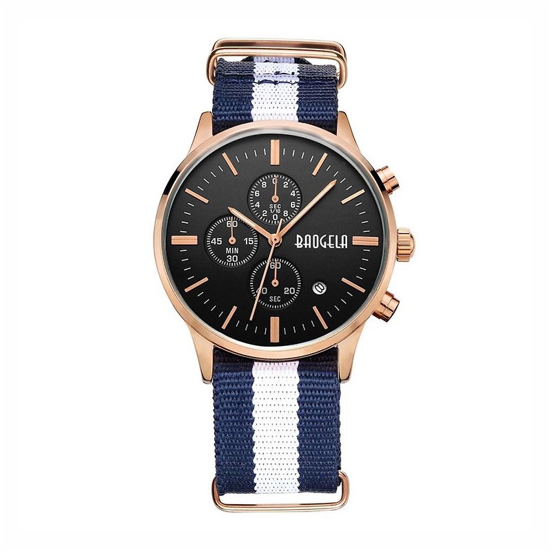 BAOGELA-VENICE series Rose Gold black dial / blue and white NATO watch - Women's Watches - Other Materials Blue