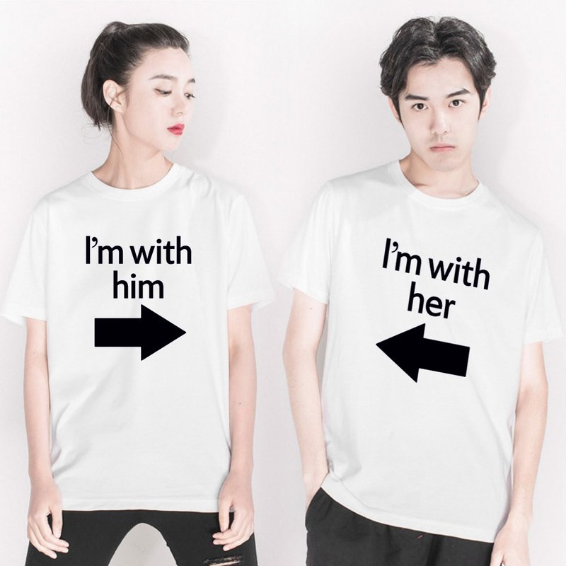 I'm with him (her) 短袖T恤 白色 我跟他(她)在一起 情人 禮物 - 女 T 恤 - 棉．麻 白色