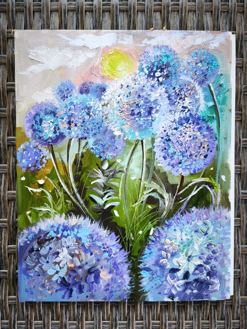 Textured Flowers Painting Miniature Oil on Canvas - ตกแต่งผนัง - ผ้าฝ้าย/ผ้าลินิน สีน้ำเงิน