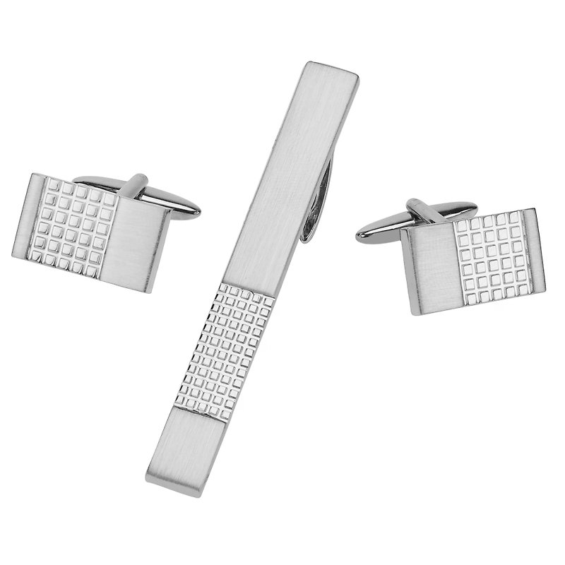 Brush Silver Two Tone Grid Cufflinks and Tie Cilp Set - Cuff Links - Other Metals Silver