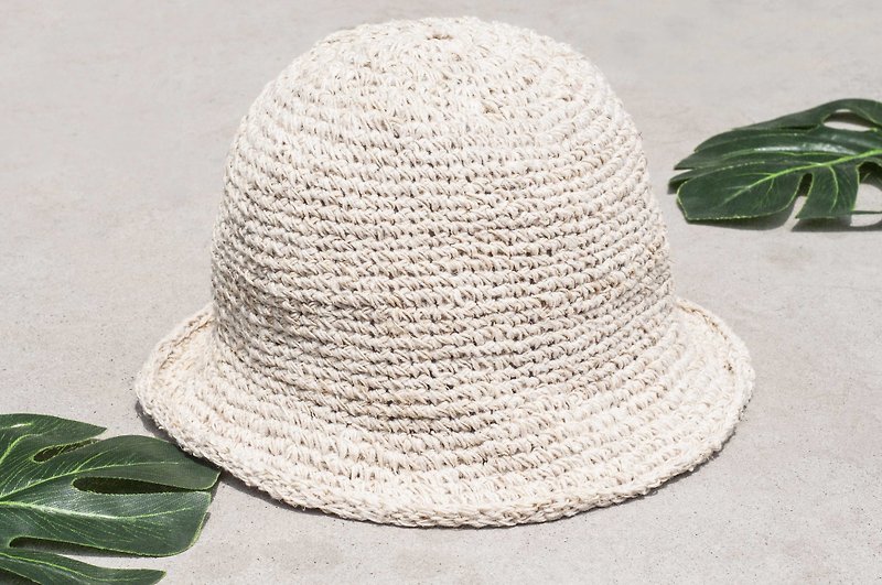 手織棉麻帽/漁夫帽/遮陽帽/手工帽/手工鉤織帽/手工編織-原味的夏 - 帽子 - 棉．麻 白色