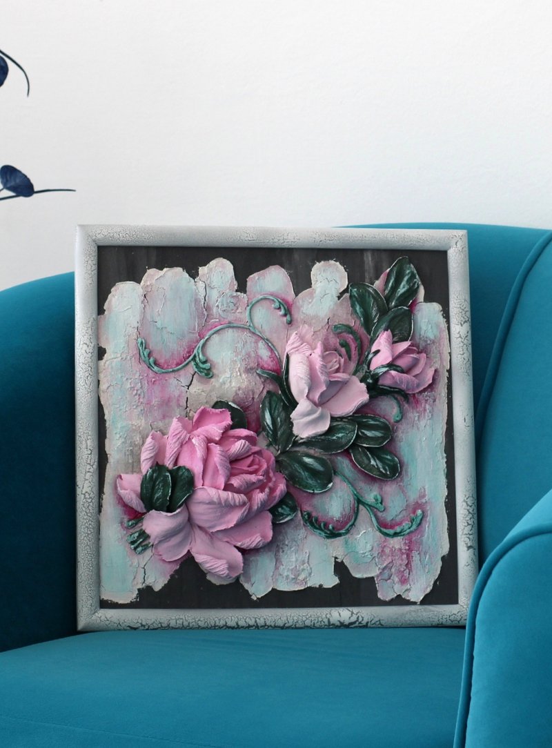 Roses, sculptural painting, an original interior accent and a good gift idea. - ตกแต่งผนัง - วัสดุอื่นๆ 