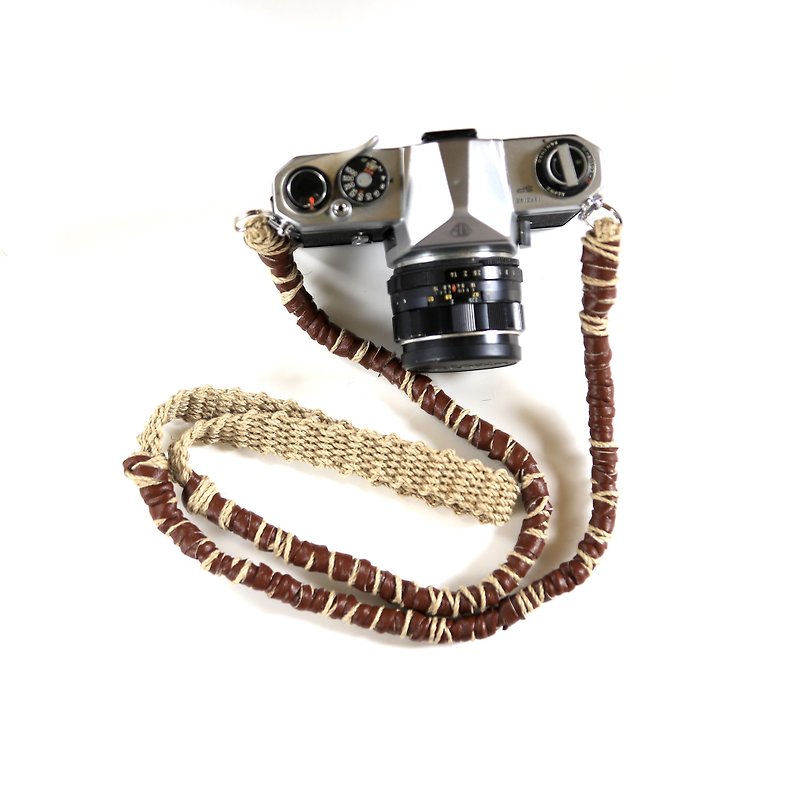 Faux leather and linen hemp camera strap / belt - Camera Straps & Stands - Cotton & Hemp Brown