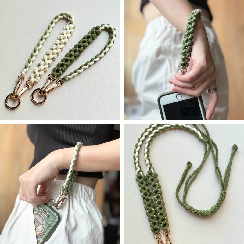 森ガール風 ⋯ 編み込み中空フラワー 調節可能 スマホショルダーストラップ - ストラップ・チェーン - コットン・麻 グリーン