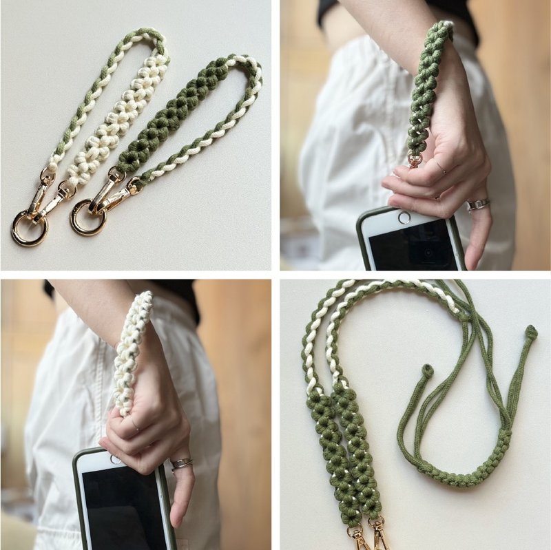 Forest style⋯ woven hollow flower adjustable mobile phone lanyard mobile phone strap - เชือก/สายคล้อง - ผ้าฝ้าย/ผ้าลินิน สีเขียว