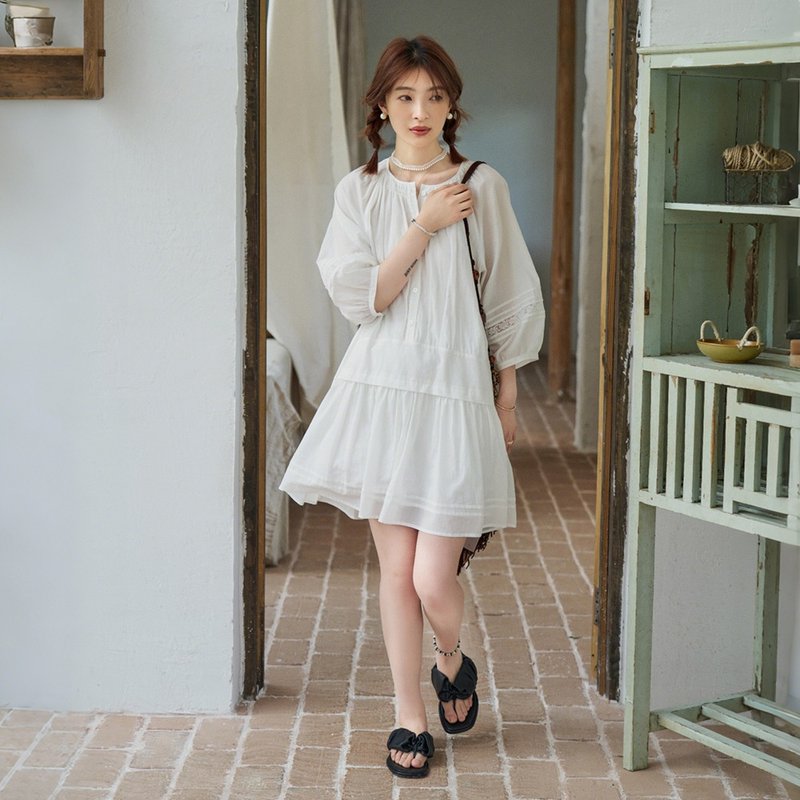 白色低腰連衣裙|洋裝|夏款|Sora-1802 - 洋裝/連身裙 - 棉．麻 白色