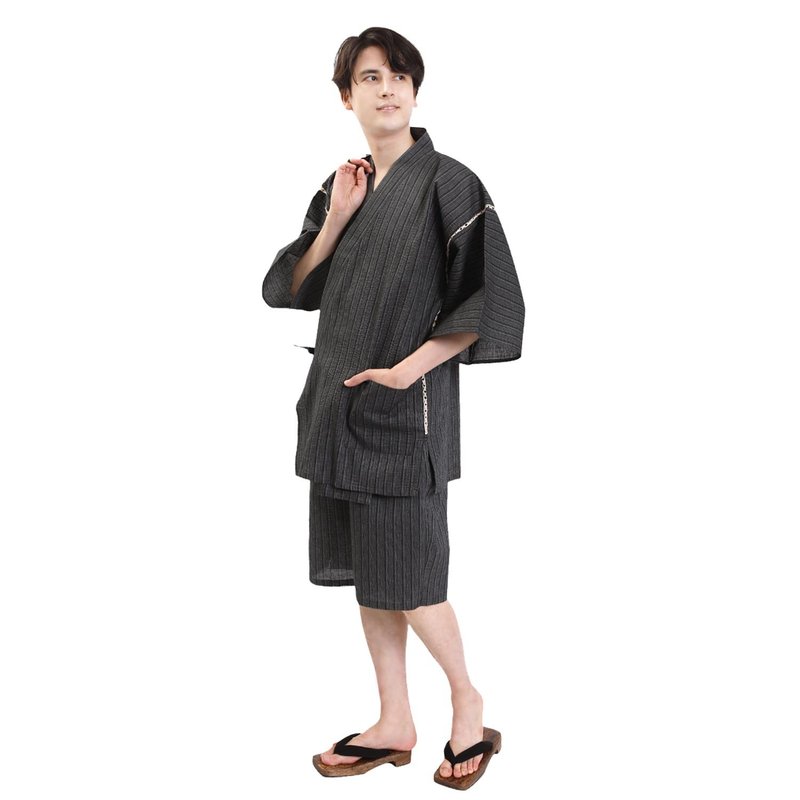 日本 和服 男士 綿麻 甚平 休閒服 睡衣 成套組 M L LL wn13 - 睡衣/居家服 - 棉．麻 藍色