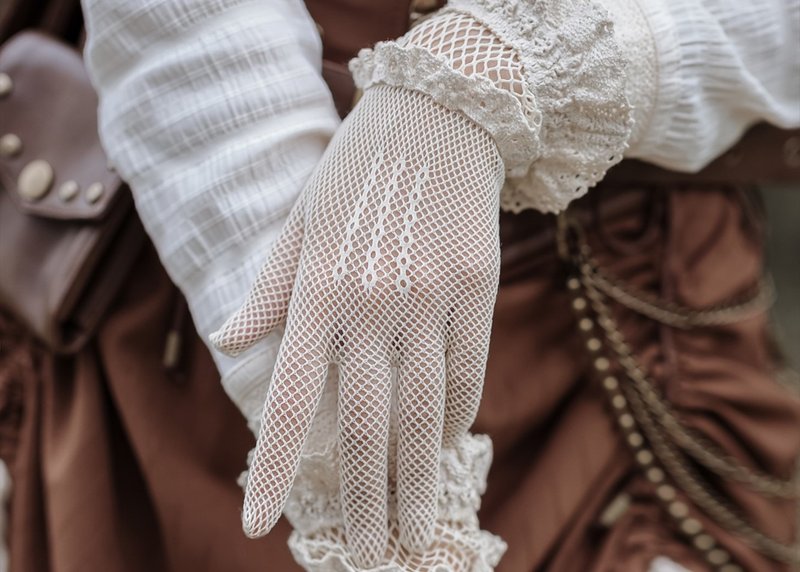 Steampunk Gothic retro lolita accessories off-white stretch mesh cotton lace gloves - Gloves & Mittens - Cotton & Hemp White