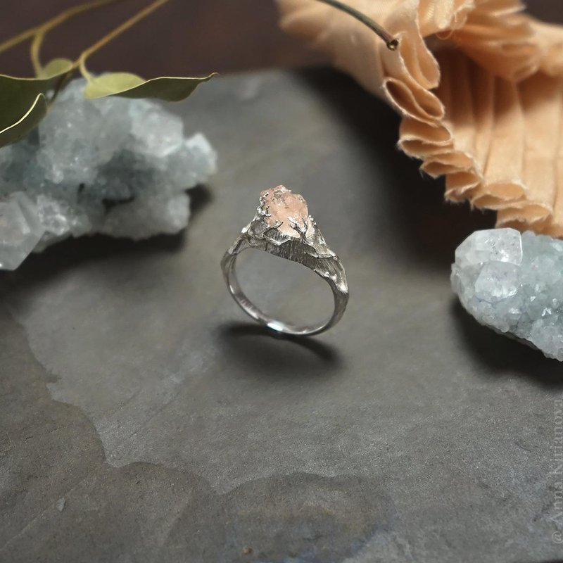 White Tree Ring with Raw Morganite - General Rings - Sterling Silver Silver