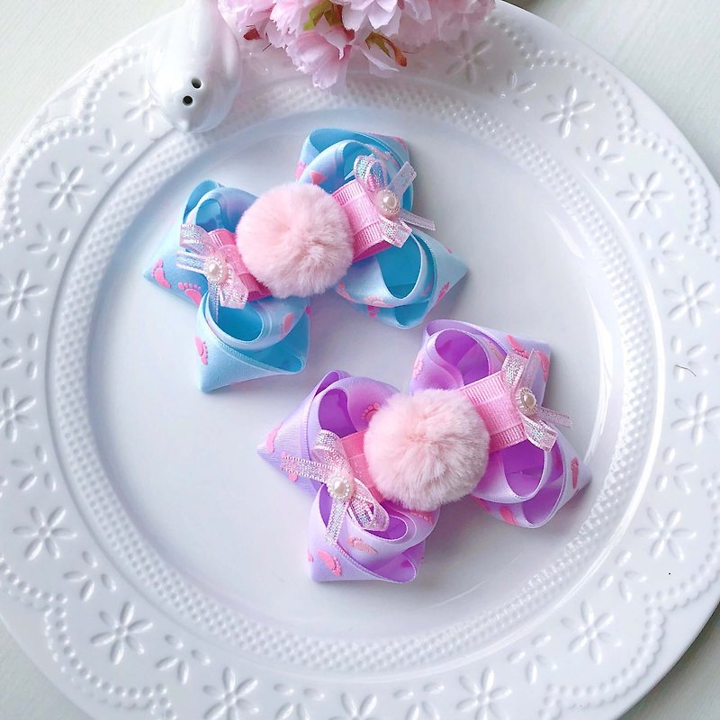 Small footprint print hair ball chiffon double bow girl child hairpin - Baby Accessories - Other Metals Pink