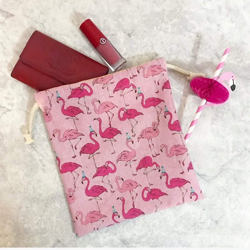 🔥火烈鳥 束口袋  Flamingo Rope Bag - 化妝包/收納袋 - 棉．麻 粉紅色