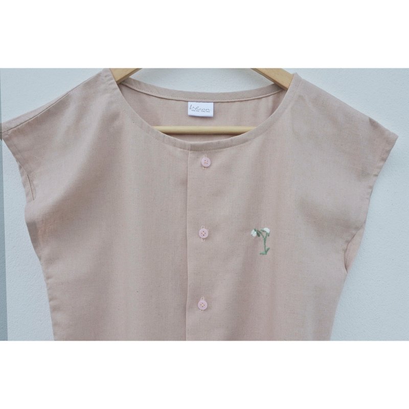 Embroidery | Cotton | Round neck shirt, dull pink - Women's Tops - Cotton & Hemp Pink