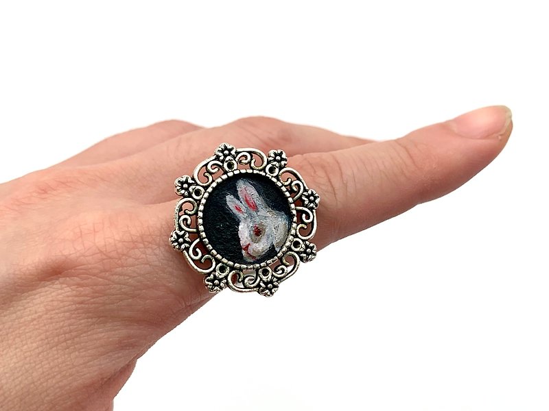 Custom Pet Hand Painted Oil Painting Jewelry Adjustable Ring - แหวนทั่วไป - อะคริลิค สีดำ