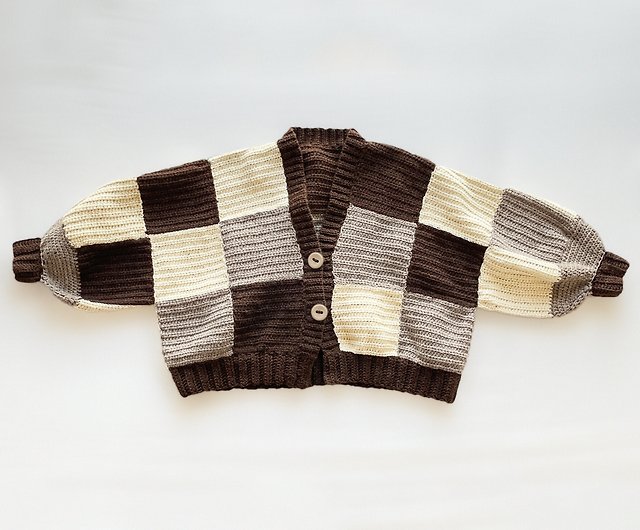 天然ウール・手編みパッチワークカーディガン・羊のナチュラルカラー 