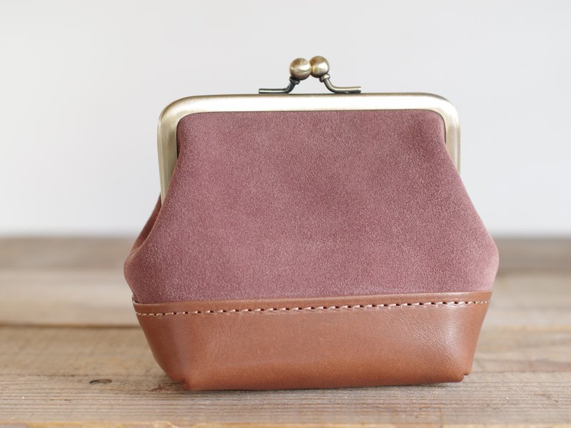 レザーがま口 ミニポーチ ブラウン×チョコ - 化妝包/收納袋 - 真皮 咖啡色