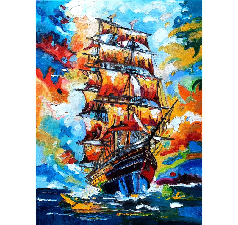 Sailboat Art  Sea Painting  Original Art  Oil Painting   Oil On Canvas - Wall Décor - Other Materials Blue