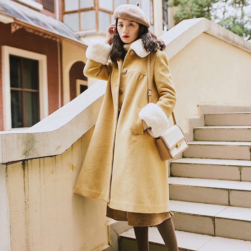 【全場特價】2018女裝冬季穿搭可脫卸毛領A型呢外套 - 女大衣/外套 - 聚酯纖維 黃色