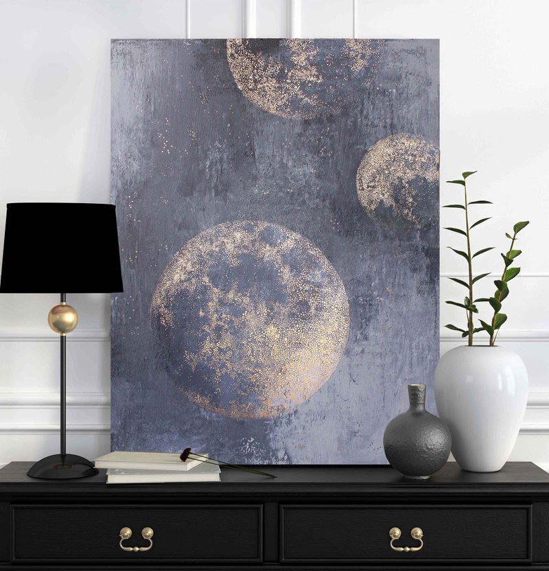 Painting Planets| Planets Gold Wall Art |Abstract Space Painting |Golden Planets - 壁貼/牆壁裝飾 - 棉．麻 金色