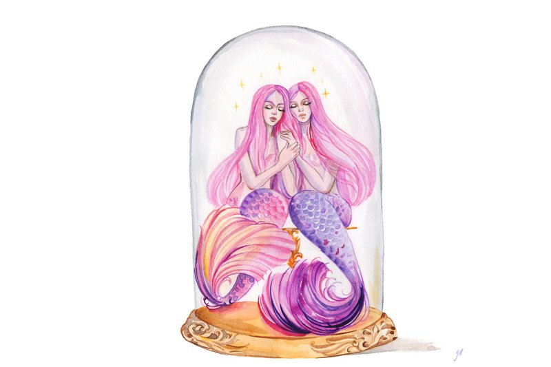 双子座绘画星座双子座原创艺术美人鱼水彩姐妹艺术 - 壁貼/牆壁裝飾 - 紙 粉紅色