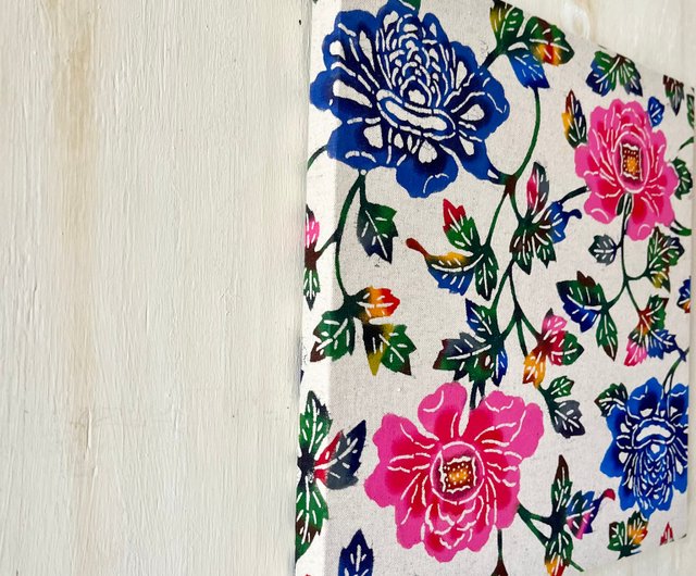 日本国内送料無料】手染め古典柄紅型/牡丹/スクエアファブリックパネル