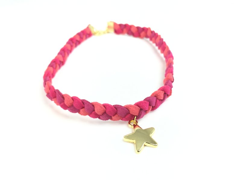Pink Comprehensive Three-color Twist Braided Rope Necklace-Golden Star - สร้อยคอ - หนังแท้ สึชมพู