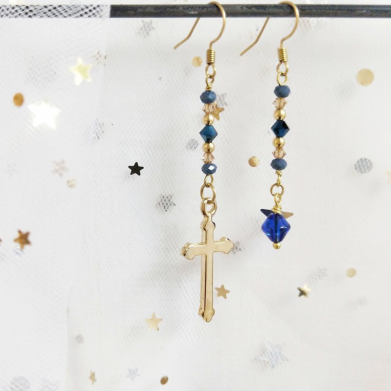 - Un Jess Cadeau - Dark blue prayer bilateral different brass cross hand made earrings - Earrings & Clip-ons - Other Metals Blue