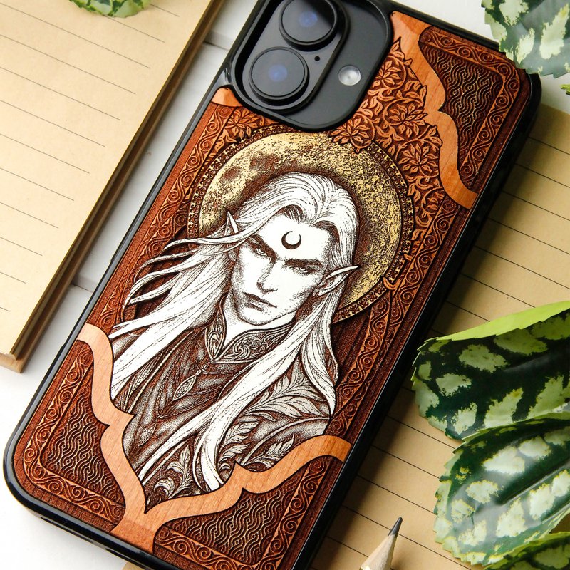 Tsukuyomi God of the Moon - Phone case wood laser engraved + hand painting - 手機殼/手機套 - 木頭 咖啡色