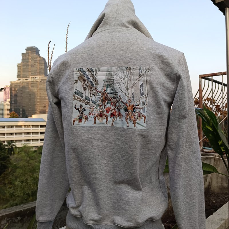 Hood grey topdyed pullover French Terry with big hat print DTF Ramayana on  back - 帽T/大學T - 棉．麻 銀色